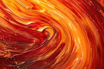 A vibrant painting capturing a swirling mix of red and orange paint. This abstract artwork can add...