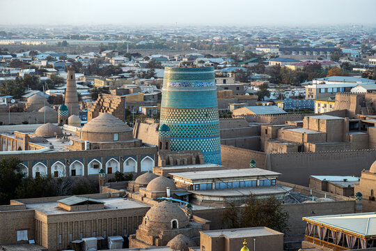 Unfinished minaret Kalta Minor in Khiva, Uzbekistan. empty streets of the ancient city of the Khorezm kingdom during the day. top view from above
