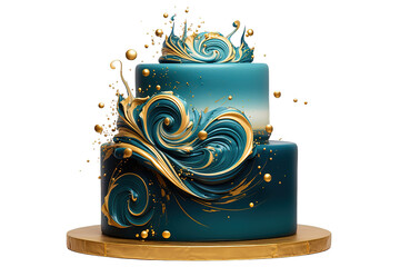 Beautiful blue wedding cake decorated with flowers sugar roses on the table. The concept of elegant holiday desserts isolated on PNG Background. Generative Ai.
