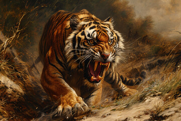 Illustration of an aggressive tiger ready to attack, dangerous wild cat - obrazy, fototapety, plakaty