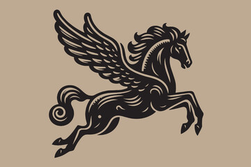 Flying horse with wings. Mythical creature Pegasus. Vintage retro engraving illustration. Black icon, logo, label. isolated element. - obrazy, fototapety, plakaty