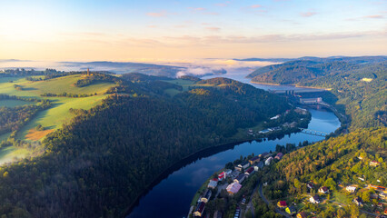 View of Vltava river. Meander from Solenice , aerial drone pic, Czech Republic - obrazy, fototapety, plakaty