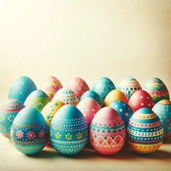 Fototapeta na wymiar Colorful Painted Easter Eggs on Pastel Background, copy space