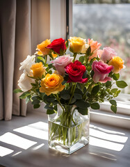 Colorful bouquet of multi coloured roses in a glass vase on the table by a window. Beautiful floral digital illustration. CG Artwork Background