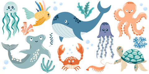 Set with hand drawn sea life elements. Sea animals. Whale, crab, turtle, fish, medusa, octopus, starfish. Vector doodle cartoon set of marine life objects for your design.