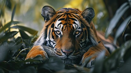 a tiger is lying down in the forest looking at the camera, in the style of ultraviolet photography, realistic animal portraits, indonesian art, photo taken with provia