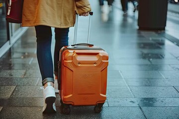 Traveler with suitcase ready for vacation journey business young woman in fashion holding to holiday adventure modern city background walking towards flight transportation