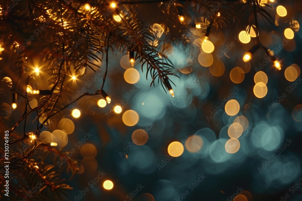 Poster A close-up shot of a tree with lights in the background. Perfect for adding a touch of magic to any project