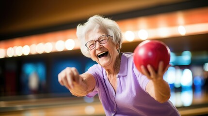 Joyful senior woman bowling, celebrating with a winning gesture. - obrazy, fototapety, plakaty