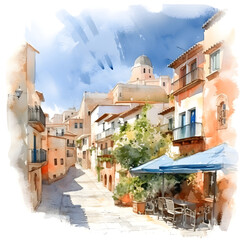 Digital watercolor painting of Villajoyosa town