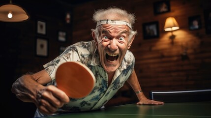 Enthusiastic elderly man intensely playing table tennis indoors.