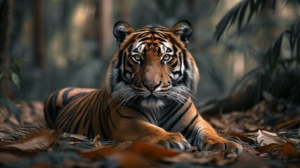 a tiger is lying down in the forest looking at the camera, in the style of ultraviolet photography,...