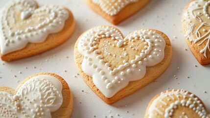 Obraz na płótnie Canvas Heart-shaped sugar cookies intricately decorated with royal icing, set on a plain white background