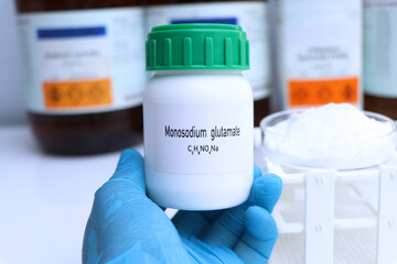 Monosodium glutamate in chemical container , chemical in the laboratory and industry