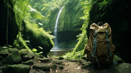 Fototapeta na wymiar Backpack on Path to Waterfall