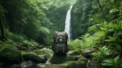 Papier Peint photo Olive verte Backpack on Path to Waterfall