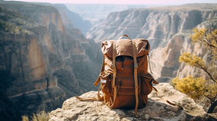 Backpack overlooking majestic canyon - obrazy, fototapety, plakaty