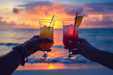 Two people toasting cocktails at the beach during sunset close-up, summer vacation enjoyment - obrazy, fototapety, plakaty