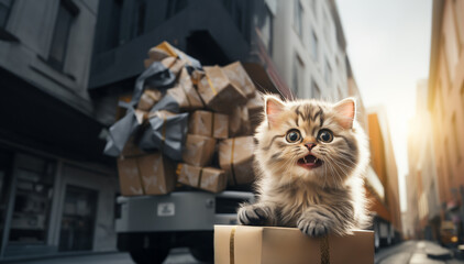 Cute cat sleeping on a cardboard box On the road in the city center House animals ready to move