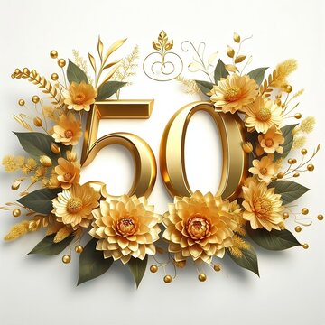 50 th golden texture with golden flowers on white background