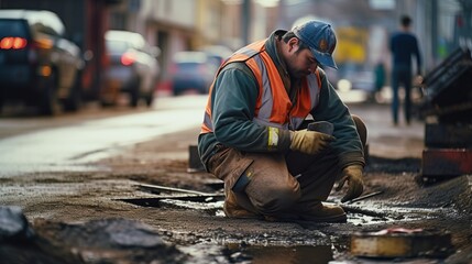 City Maintenance Worker Examining Pothole - obrazy, fototapety, plakaty