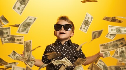 rich baby boy rain of money yellow background, business, Dollar, happy boy, Generative AI