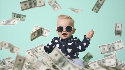 rich baby boy rain of money cayan background, business, Dollar, happy boy, Generative AI