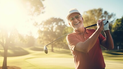 Joyful senior man playing golf during golden hour, perfecting his swing on the green.