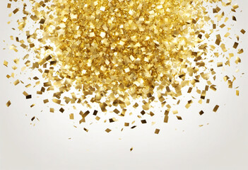 Falling shiny golden confetti isolated on  background. Bright festive tinsel of gold color.