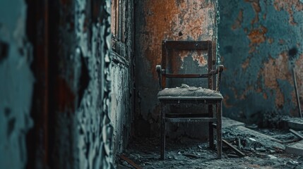 An old chair sits in a run-down room. This image can be used to depict neglect, abandonment, or the passage of time. Perfect for illustrating vintage or antique themes