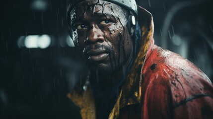 Resilient oil rig worker braving stormy conditions - obrazy, fototapety, plakaty