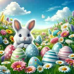 Fototapeta na wymiar Easter Wonderland with cute bunny Easter eggs and flowers on grass 