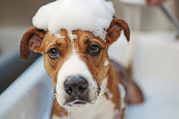 Portrait of a cute dog taking a bath with foam on his head