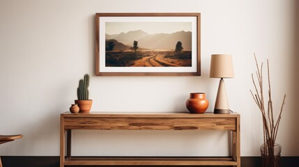 Frame Mockup on a Classic Wooden Console Table in a Modern Living Room