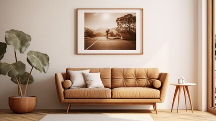 Elegant Living Room with Frame Mockup and Plush Sofa