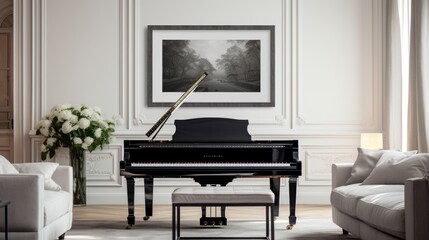 Fototapeta na wymiar Frame mockup with art print on grand piano in luxurious living room
