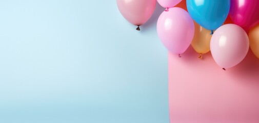 Colorful balloons on a pink and blue background. Generative AI.