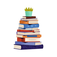Huge paper books stack with home plant above. Big pile of fictions, thick novels. Cute houseplant standing on heap of literature. Reading sticker. Flat isolated vector illustration on white background