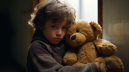 Child Seeking Comfort with Teddy Bear in Children's Home