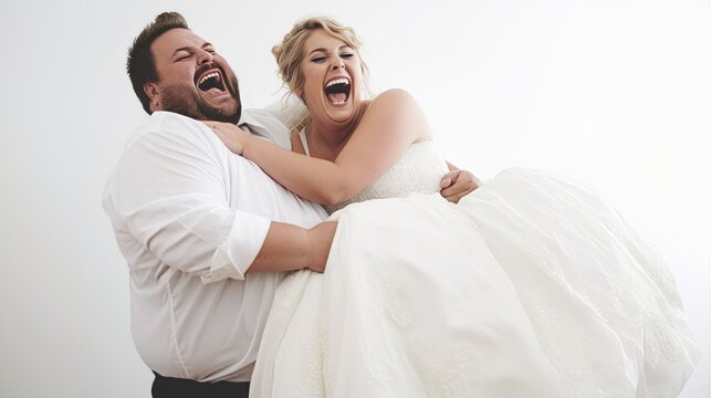 Joyful Groom Lifts Overweight Bride in Wedding Dress