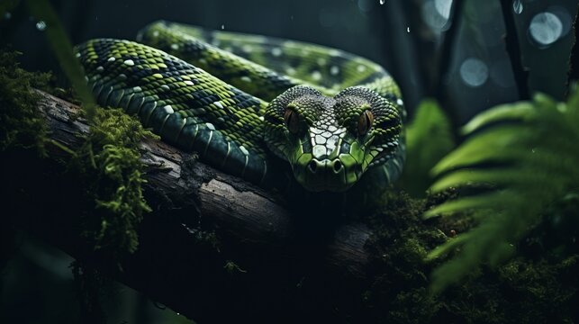 Stealthy Viper Ready to Ambush Prey in Misty Cloud Forest