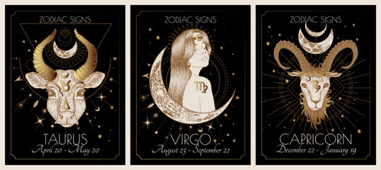Vector illustration of zodiac signs card. Earth signs: Taurus, Virgo and Capricorn. Gold on a black background in engraving style