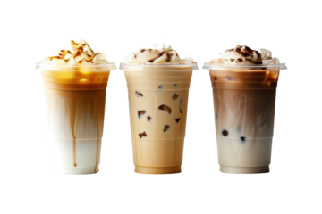 3 iced latte coffees on transparent background