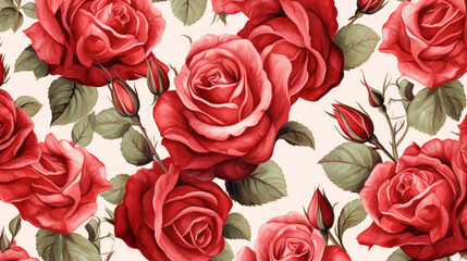 Red Rose Flowers Watercolor Seamless Pattern  Backgrounds. Elegant Red Rose Watercolor Patterns