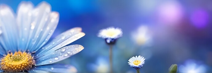 Close-Up Elegance of a Soft Focus Blue Daisy, Bathed in Glitter Glow Light, Amidst a Field of Wildflower Blossoms ,Detailed Spring Symphony