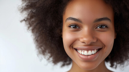 A close-up photo of a young black woman's beaming smile, reflecting genuine happiness created with AI generative technology.