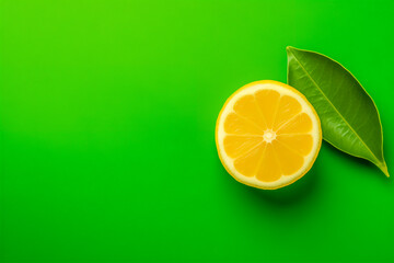 Lemon slice on green background. Citrus fruit. Top view, flat lay. Copy space for text.