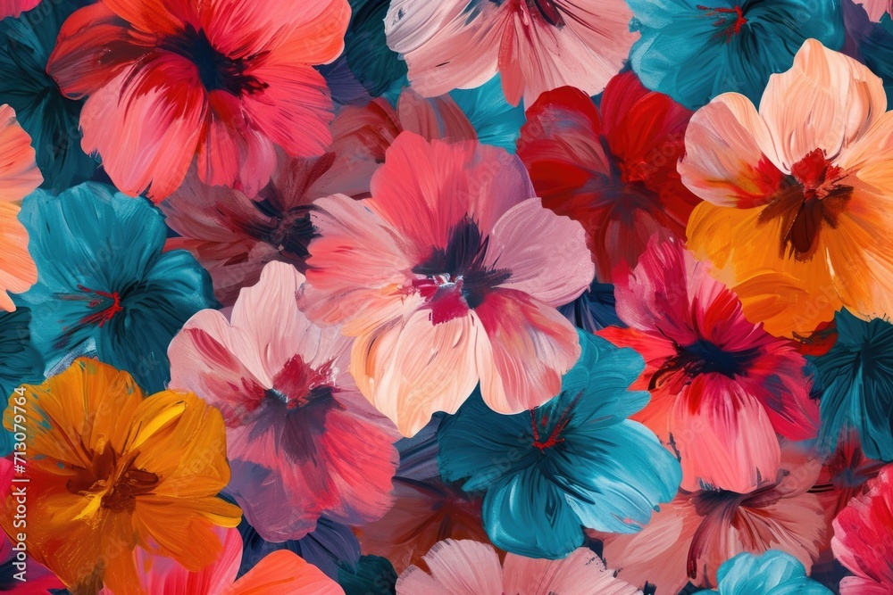 Poster A close up view of a vibrant bunch of colorful flowers. Perfect for adding a pop of color to any project or design