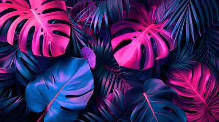 Colorful Monstera leaves, fluorescent color layout, summer atmosphere, vibrant illustration