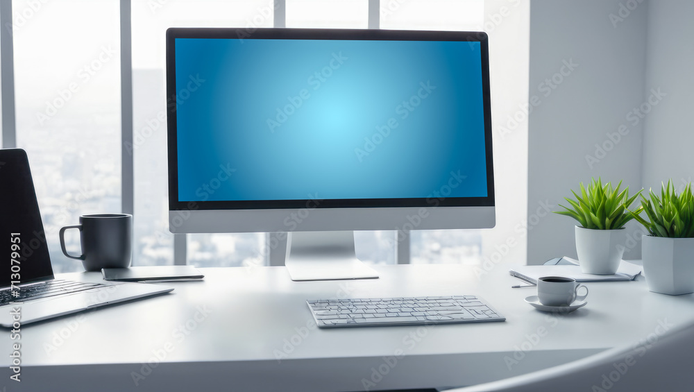Poster workspace with blank blue computer screen. desktop computer monitor with mockup screen display stand